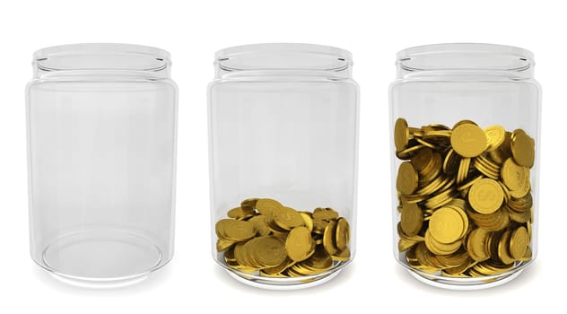 Glass jars with golden coins. Savings concept. 3d illustration on white background