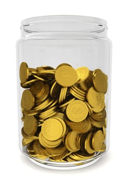 Glass jar with golden coins. Savings concept. 3d illustration on white background