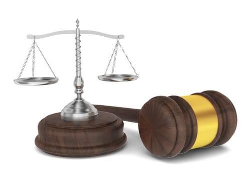 Judge hammer with scales, law concept. 3d illustration on white background