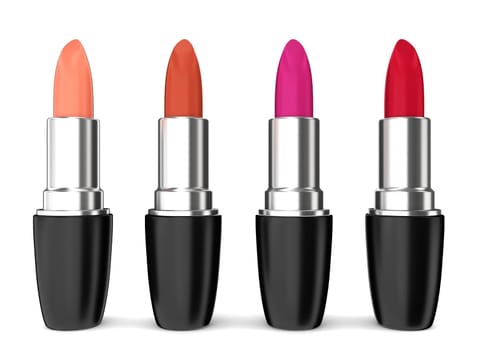 Set of lipsticks. Four different colours. 3d illustration on white background