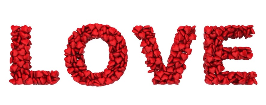 E letter made of little hearts. 3d illustration on white background