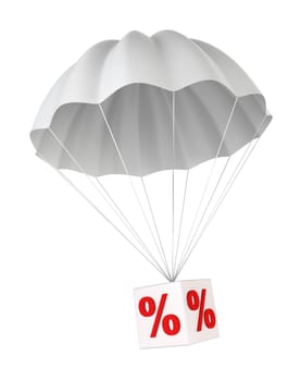 Parachute with a discount sign. 3d illustration on white background