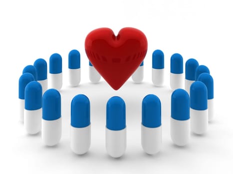 3d render of red heart inside circle of pills