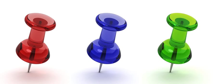 three pushpins - 3d render on white