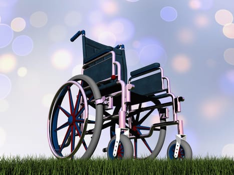 Wheelchair on the grass in bokeh background - 3D render