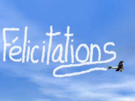 French congratulations message from biplan smoke in blue sky - 3D render