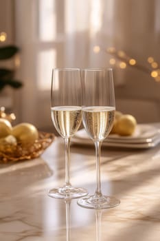glass of champagne on christmas festive table, Generative AI, holidays
