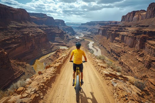 A cyclist rides along a dirt path atop a canyon rim, overlooking a winding river and breathtaking rock formations under a cloudy sky.