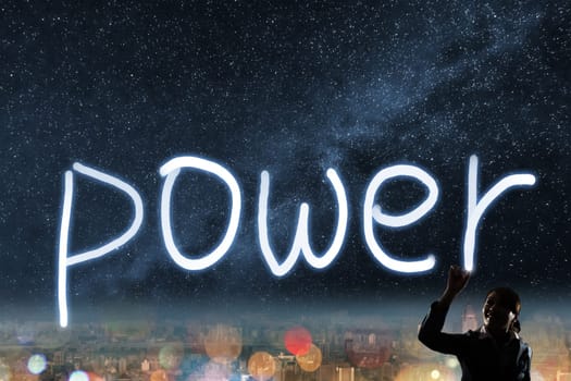 Concept of power, silhouette asian business woman light drawing.
