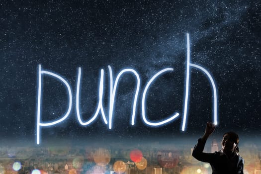 Concept of punch, silhouette asian business woman light drawing.