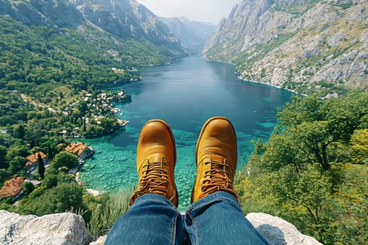 Bright sunlight illuminates a stunning landscape with a person sitting on a rocky cliff, admiring the tranquil lake below.