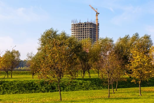 Building crane on construction of city