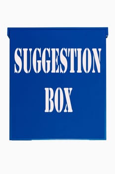 Blue box,ballot box,box,wooden box with inscription suggestion box on white background.