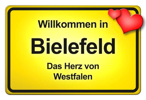 A yellow entrance sign with friendly welcome - Welcome