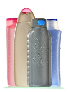 Composition with plastic bottles of body care and beauty products.