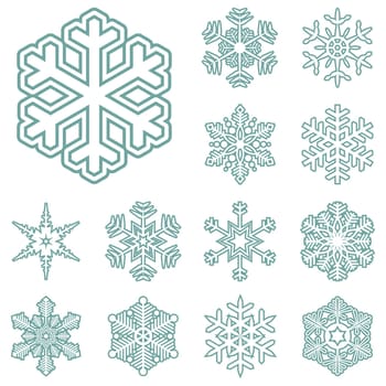 collection of different blue snowflakes on white background
