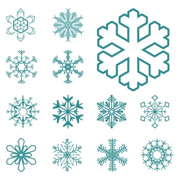 collection of different blue snowflakes on white background