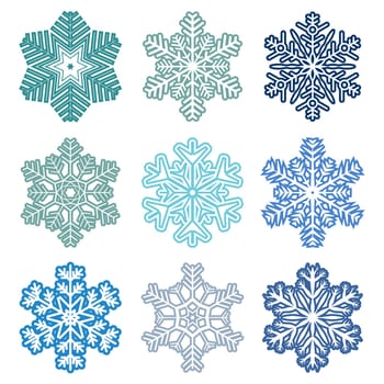 collection of different blue snowflakes on white background