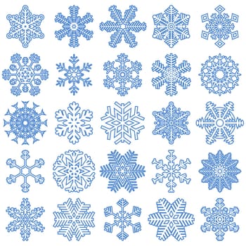 collection of different blue snowflakes on white background