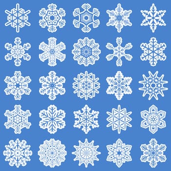 collection of different white snowflakes on blue background