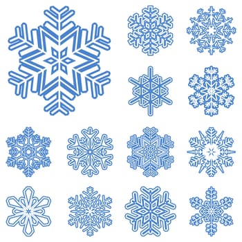 collection of different blue snowflakes on white background
