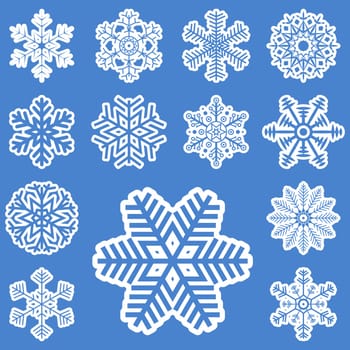 collection of different white snowflakes on blue background