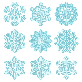 collection of different blue snowflakes on white background