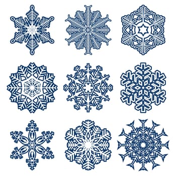 collection of different blue snowflakes on white background