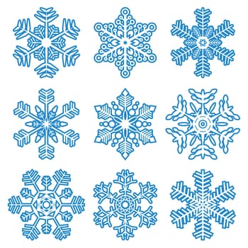 collection of different blue snowflakes on white background