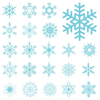 collection of different blue snowflakes on white background