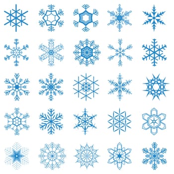 collection of different blue snowflakes on white background
