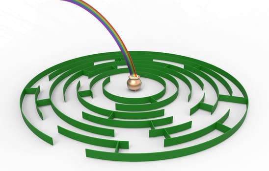 Pot full of gold coins in the middle of the labyrinth, 3d render, isolated