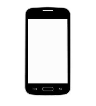 Black mobile phone with blank screen, smartphone, 3D render, isolated on white