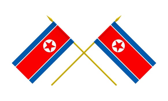Two crossed flags of North Korea, 3d render, isolated on white