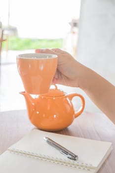 Hand hold on hot cup of tea, stock photo