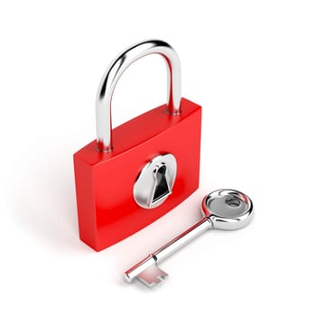 Padlock and key on white background