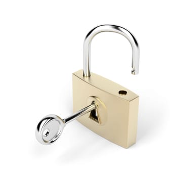 Padlock and key on white background