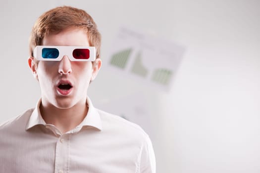dazzled man with 3d glasses and open mouth