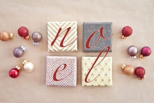 Background from colorful Christmas tree balls on wrapping paper