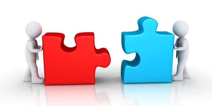 Two 3d businessmen are pushing different puzzle pieces