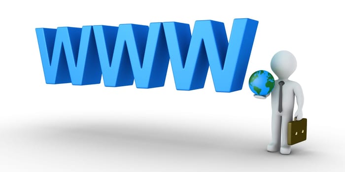 3d businessman holding the globe and WWW letters
