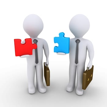 Two 3d businessmen are holding different puzzle pieces