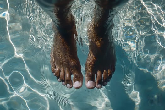 Two feet rest beneath the surface of sparkling blue water, capturing sunlight and creating mesmerizing waves and reflections.