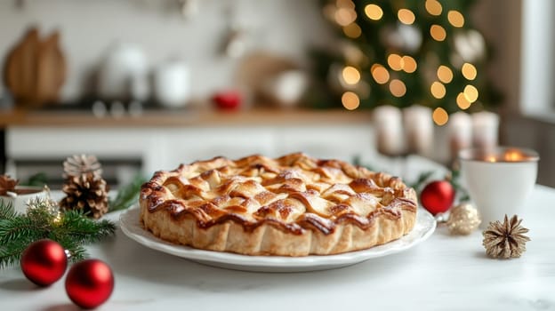 New Year's pie on a white table, Generative AI, food