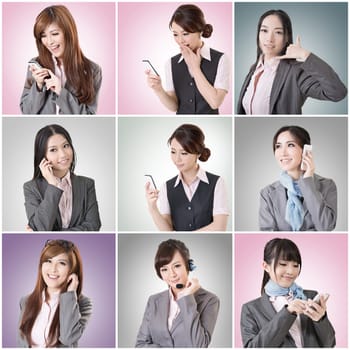 Collection of Asian business woman talk and listen, concept about connect, social media, group, speak etc.