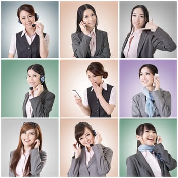Collection of Asian business woman talk and listen, concept about connect, social media, group, speak etc.