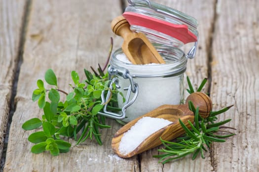 Healthy sea salt and fresh herbs