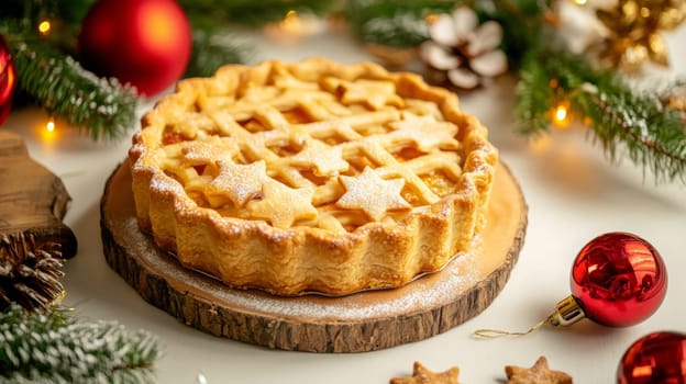 New Year's pie on a white table, Generative AI, food