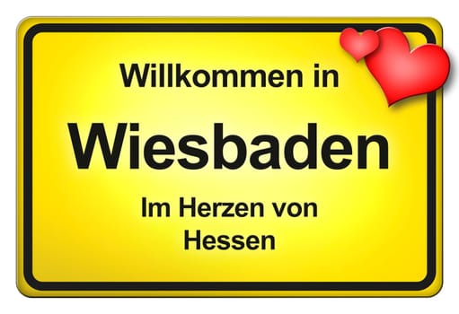 A yellow entrance sign with friendly welcome - Welcome