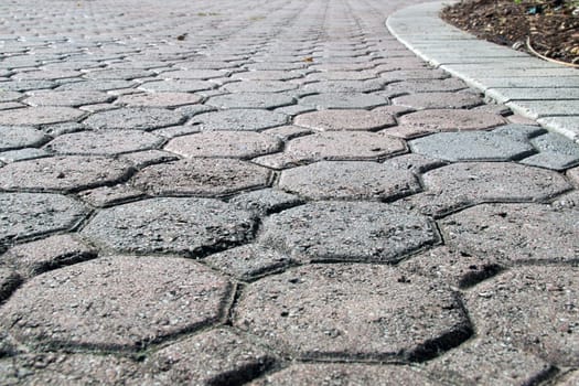 A brick driveway in bonita springs florida composed of octagon and square shaped bricks stretches off into the distance bordered with white bricks.